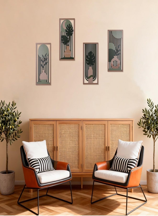 suruim Boho Wall Art Set of 4, Abstract Geometric Wooden Wall Decor, Mid-Century Modern Aesthetic Artwork with Arch, Vase & Botanical Design for Modern Home Decor for Bedroom, Office & Living Room(D) - Image 4